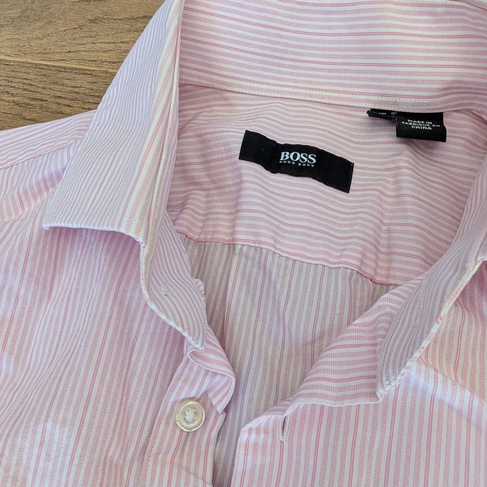Hugo Boss Men's Light Pink Striped Dress Shirt